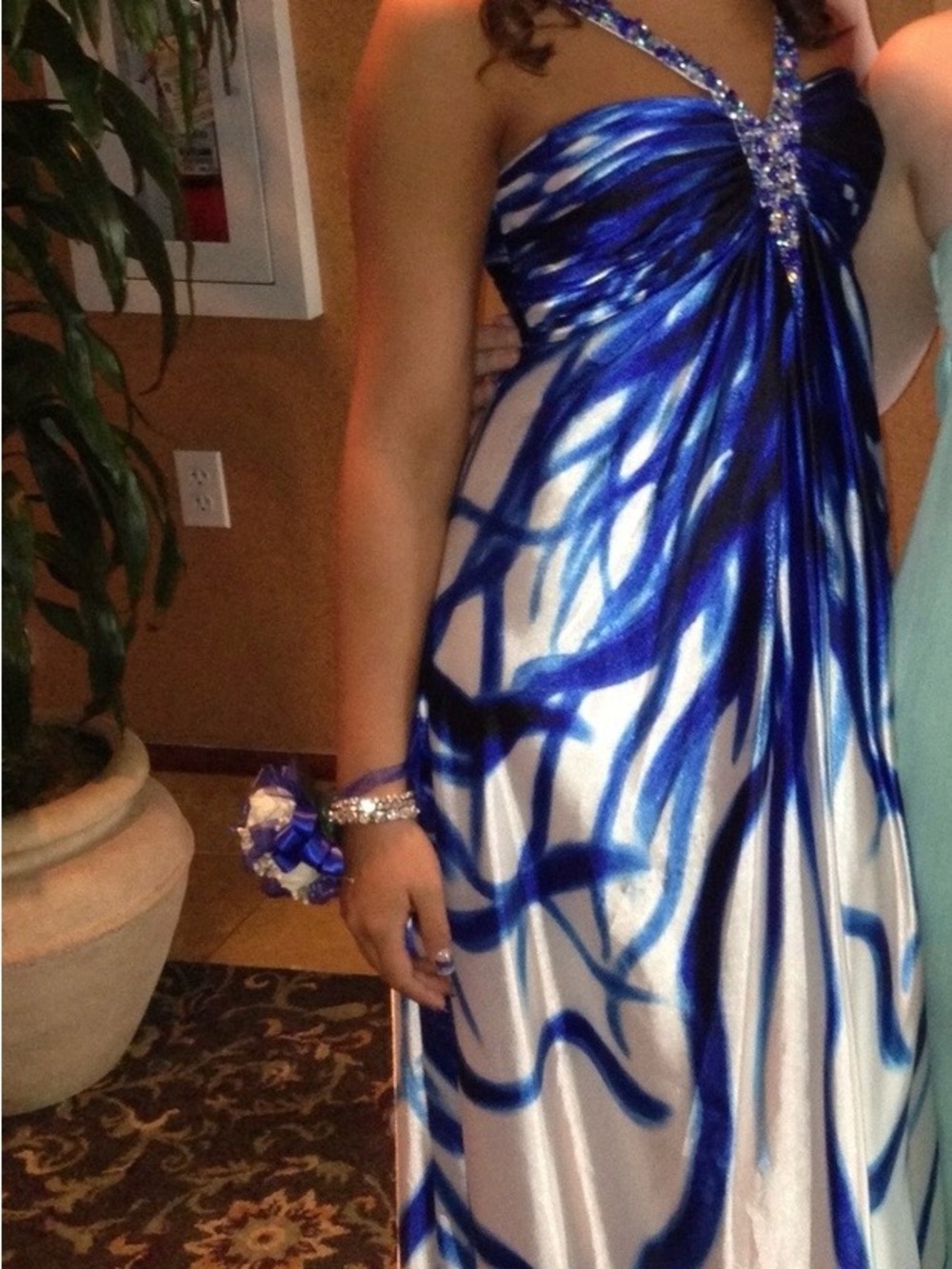 Cache Blue and White Strapless Evening Dress with Beaded Detail